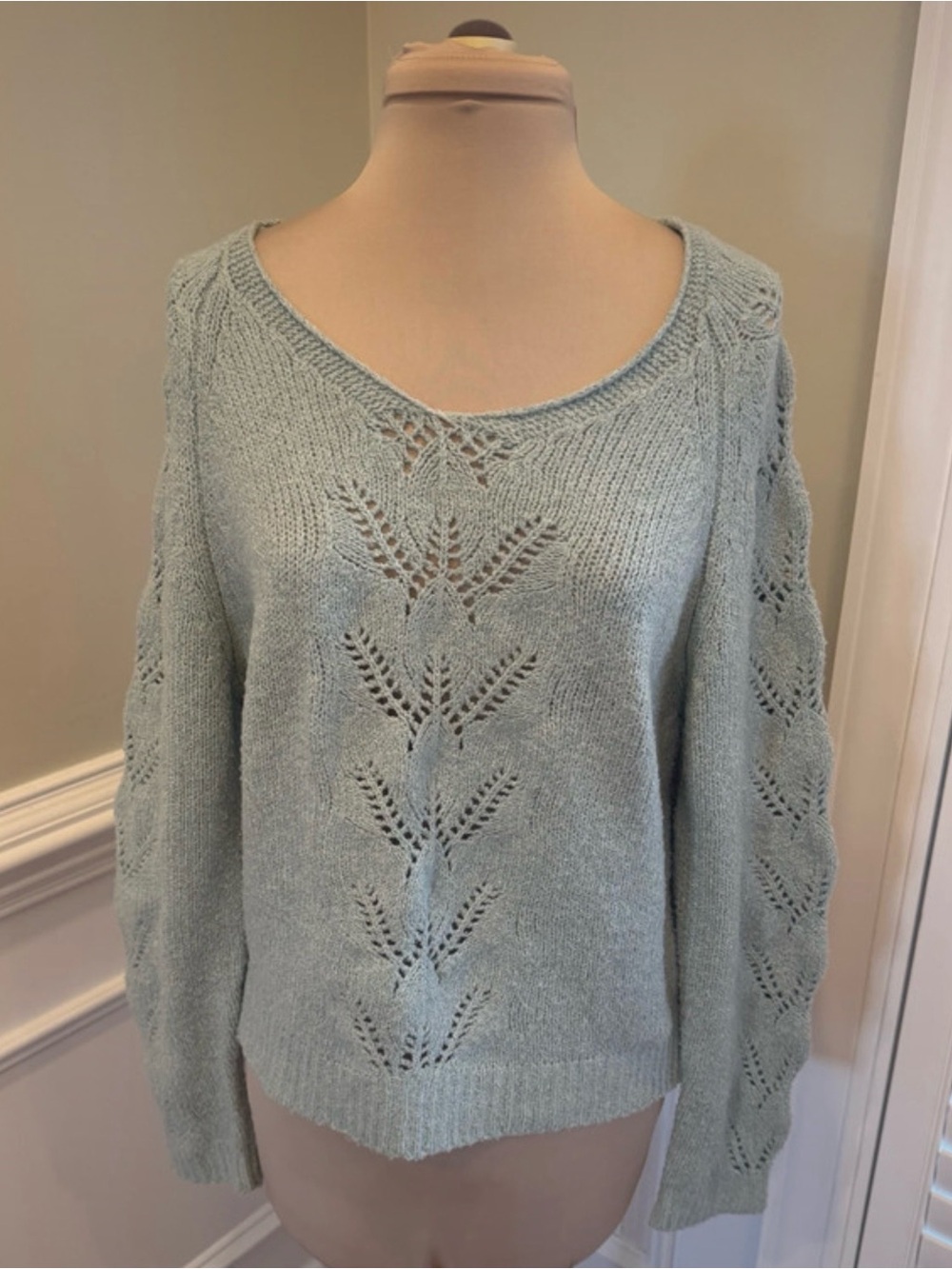 True Craft Light Sage Green Openwork Scoop Neck Sweater